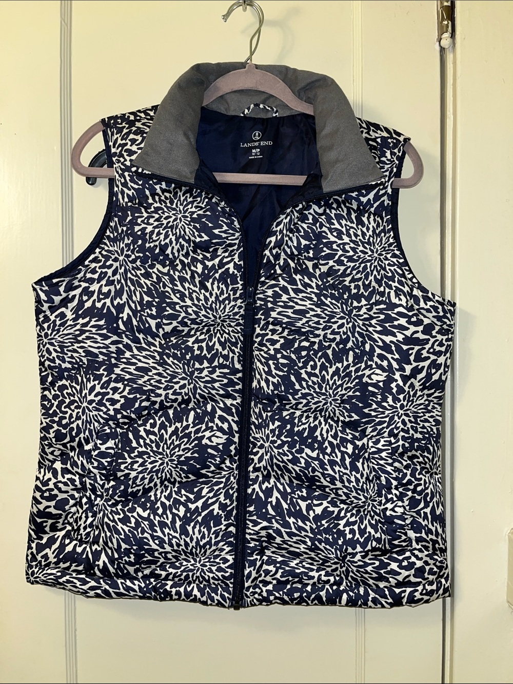 Lands' End Navy & White Floral-Print Down Vest